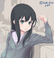  1girl adjusting_hair alternate_costume asashio_(kancolle) black_hair blush casual commentary_request green_eyes grey_background grey_jacket hair_between_eyes highres jacket kantai_collection long_hair long_sidelocks long_sleeves looking_at_viewer neko_no_hige parted_lips partially_open_jacket purple_shirt shirt sidelocks solo twitter_username 