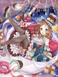  1girl :o aqua_eyes baizu_(guszx) bare_shoulders blush bow bowtie breasts brown_hair brown_thighhighs candy candy_cane chocolat_(shironeko_project) cookie cup curtains dessert diagonal-striped_thighhighs doughnut dress flats food from_above full_body green_bow hat heart highres holding holding_candy holding_candy_cane holding_food legs_up looking_at_viewer lying medium_breasts off-shoulder_dress off_shoulder official_art on_back open_mouth petticoat puffy_short_sleeves puffy_sleeves shironeko_project short_sleeves simple_background solo tareme teeth thigh-highs third-party_source top_hat upper_teeth_only 