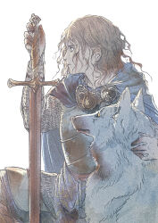  1boy ajitsuke_nori armor blonde_hair blue_cape cape chainmail commentary_request cuirass dog highres holding holding_sword holding_weapon kneeling male_focus medium_hair original simple_background sword weapon white_background 