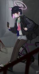  1girl absurdres animal_ears bag bicycle black_choker black_hair black_hoodie blue_archive blunt_bangs blush brown_pantyhose cat_ears cat_girl choker colored_inner_animal_ears colored_inner_hair commentary extra_ears green_sailor_collar hair_behind_ear hair_ornament hairclip halo handrail high_tops highres holding holding_phone hood hoodie hwan_(verypoor) jacket kazusa_(blue_archive) multicolored_hair neckerchief open_clothes open_jacket pantyhose phone pink_hair pink_halo pink_neckerchief pleated_skirt red_eyes sailor_collar school_bag school_uniform shoes short_hair skirt sneakers solo stairs two-tone_hair watercolor_background white_skirt 