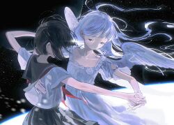  2girls absurdres angel black_hair commentary_request dancing dress expressionless feathered_wings flat_chest floating_hair grey_eyes hands_up hidari_(nanmu-left) highres interlocked_fingers long_hair multiple_girls original planet school_uniform serafuku short_hair skirt space star_(sky) white_hair white_wings wings 