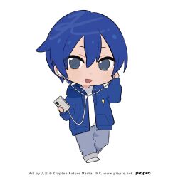  1boy artist_name blue_hair blue_hoodie blue_pants chibi chibi_only commentary_request company_name copyright_notice earphones earphones full_body grey_eyes hair_between_eyes hassan_(sink916) highres holding holding_phone hood hoodie kaito_(vocaloid) male_focus no_pupils official_art open_clothes open_hoodie pants phone second-party_source shirt shoes simple_background solo vocaloid web_address white_background white_shirt white_shoes 