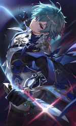  1boy :d ahoge armor belt belt_collar black_belt black_boots black_gloves blue_cape blue_shirt boots cape choker coat collar collared_shirt commentary_request dutch_angle ear_piercing earrings foreshortening genshin_impact glint gloves green_hair grin hair_between_eyes hand_up highres holding holding_knife jewelry knife korean_commentary leaning_back lohen_(genshin_impact) long_sleeves looking_at_viewer male_focus mole mole_under_eye multicolored_eyes nez39 pants piercing shirt short_hair shoulder_armor sideways_glance single_earring smile solo thigh_strap weapon white_pants 
