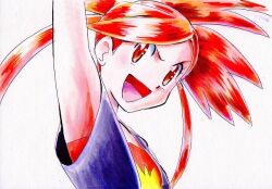 1girl arm_up black_shirt commentary_request flannery_(pokemon) iwane_masaaki open_mouth pokemon pokemon_oras red_eyes red_hair shirt simple_background smile solo traditional_media upper_body white_background