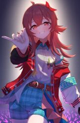  1girl absurdres ahoge aqua_armband aqua_shorts armband belt buttons checkered_clothes checkered_shorts dot_nose eyelashes glowstick hair_between_eyes hair_ribbon hand_up highres holding holding_microphone idolmaster idolmaster_shiny_colors jacket komiya_kaho light_blush long_hair long_sleeves looking_at_viewer microphone penlight_(glowstick) pinky_swear poppo_yo_say red_belt red_eyes red_hair red_jacket red_ribbon ribbon safety_pin shirt shorts sidelocks smile solo stage thighs white_shirt wing_collar 