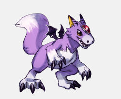  bat_wings brown_eyes claws commentary digimon digimon_(creature) dorumon english_commentary highres mini_wings no_humans purple_fur sharp_teeth simple_background solo tail teeth white_background wings zevbites 