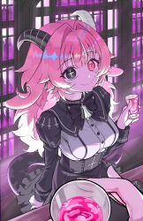  +_+ 1girl @_@ absurdres bar_(place) bell black_bow black_dress black_eyes black_hair black_horns black_tail blush bottle bow breasts closed_mouth commentary cross cross_print cup dress drink femme_soule gloves hair_intakes highres holding holding_cup horns indoors long_hair long_sleeves looking_at_viewer mismatched_pupils mixed-language_commentary multicolored_hair pink_hair plant-new-art pointy_ears pukey_goddess_shot_trick shirt solo_focus streaked_hair white_gloves white_shirt 