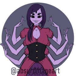  1:1 1girl 2021 2d absurdmage aged_up arachnid arthropod arthropod_girl artist_name black_corset black_sclera border bow breasts breasts_apart cleavage_cutout colored_sclera colored_skin commentary corset digital_media dress english_commentary extra_arms extra_eyes fangs female female_only grey_background hair_bow hands_up highres muffet outside_border outstretched_arms ponytail puffy_short_sleeves puffy_sleeves purple_hair purple_skin red_bow red_dress round_border simple_background small_breasts solo spider spider_girl straight-on twitter_username undertale upper_body utdr_(toby_fox) variant_set white_border 