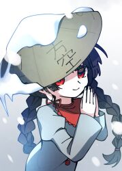  1girl ajirogasa black_hair braid brown_hat capelet closed_mouth commentary_request dress grey_background grey_dress hat highres illust_atelier3 juliet_sleeves long_earlobes long_hair long_sleeves looking_at_viewer one-hour_drawing_challenge own_hands_together palms_together puffy_sleeves red_capelet red_eyes smile snow snow_on_headwear snowing solo touhou translation_request twin_braids yatadera_narumi 