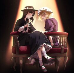  2girls black_capelet black_hat black_necktie black_skirt blonde_hair bow brown_hair capelet chair chromatic_aberration collared_dress commentary_request crossed_legs cup dress drinking_glass frilled_skirt frills hair_bow hat hat_bow holding holding_cup long_hair long_sleeves maribel_hearn mob_cap mokoiscat multi-source_commentary multiple_girls necktie on_chair open_mouth purple_dress shirt shirt_tucked_in sitting skirt smile spotlight touhou usami_renko white_bow white_hat white_shirt 
