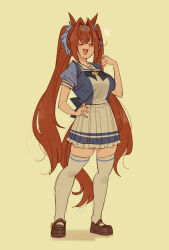  1girl :d animal_ears brown_hair brown_shoes closed_eyes commentary daiwa_scarlet_(umamusume) full_body gutalalaman hand_on_own_hip highres horse_ears horse_girl horse_tail loafers long_hair open_mouth pleated_skirt school_uniform shoes skirt smile solo standing tail thigh-highs tiara tracen_school_uniform twintails u_u umamusume very_long_hair white_shoes white_thighhighs yellow_background 
