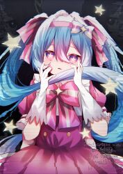  1girl :d absurdres bow commentary_request crying crying_with_eyes_open dress gloves gradient_eyes hair_between_eyes hairband hatsune_miku highres ima_sugu_rinne_(vocaloid) komiya_shuu looking_at_viewer multicolored_eyes parted_lips pink_bow pink_dress pink_hairband pink_sleeves puffy_short_sleeves puffy_sleeves raised_inner_eyebrows short_sleeves smile solo star-shaped_pupils star_(symbol) symbol-shaped_pupils tears twintails two-tone_bow two-tone_dress two-tone_sleeves vocaloid white_bow white_dress white_gloves white_sleeves 
