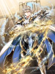  1boy armor black_armor blue_cape cape circlet closed_mouth commentary_request copyright_logo copyright_name feet_out_of_frame fire fire_emblem fire_emblem_cipher fire_emblem_fates flaming_sword flaming_weapon gauntlets glowing glowing_sword glowing_weapon gold_armor gold_fire gold_trim hair_between_eyes holding holding_sword holding_weapon hydrokinesis logo looking_at_viewer male_corrin_(fire_emblem) male_corrin_(vallite_monarch)_(fire_emblem) male_focus multicolored_cape nintendo official_alternate_costume official_art outdoors pointy_ears red_eyes short_hair solo standing sunlight sword water weapon white_cape white_hair yamada_koutarou yato_(fire_emblem) 