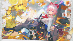  1girl animal_ears asymmetrical_gloves black_boots black_gloves black_pantyhose black_skirt boots bow bowtie chinese_commentary closed_mouth commentary_request evanescia_(honkai:_star_rail) flower fox_ears fox_girl gloves hair_between_eyes hair_flower hair_ornament hand_up highres honkai:_star_rail honkai_(series) jacket long_sleeves looking_at_viewer mismatched_gloves outdoors pantyhose partially_fingerless_gloves pink_hair red_bow red_bowtie shirt short_hair_with_long_locks sitting skirt smile solo violet_eyes white_gloves white_jacket white_shirt zuozhan_xing59 