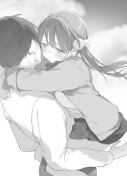  1boy 1girl blush breasts closed_mouth commentary_request faceless faceless_male from_side fujiyama grey_hair hair_ornament half-closed_eyes highres hug large_breasts long_hair long_sleeves miniskirt monochrome naruse_chito novel_illustration official_art oneesan_ha_no_ore_ga_naze_chicchai_kimi_wo_suki_ni_natta_no_ka? oversized_clothes pants pleated_skirt rabbit_hair_ornament school_uniform shirt short_hair skirt sleeves_past_wrists standing sweat tented_shirt twintails 
