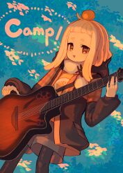  1girl :d ahoge black_pantyhose blonde_hair brown_eyes brown_jacket commentary_request electric_guitar feet_out_of_frame food food_on_head fruit fruit_on_head grey_shorts guitar highres holding holding_guitar holding_instrument instrument jacket long_hair long_sleeves looking_at_viewer mandarin_orange mosuroshyu object_on_head open_clothes open_jacket open_mouth orange_shirt pantyhose pantyhose_under_shorts saigou_r_irori sana_channel shirt shorts smile solo standing symbol-shaped_pupils thick_eyebrows x-shaped_pupils 