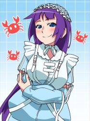  1girl blue_background blue_eyes blush breasts closed_mouth commentary_request cowboy_shot crab detached_sleeves eyelashes frills gradient_background grid_background highres long_hair long_sleeves looking_at_viewer maid_headdress medium_breasts monogatari_(series) monogatari_series_shibuya109_collaboration official_alternate_costume oversized_clothes puffy_long_sleeves puffy_sleeves purple_hair risator safety_pin senjougahara_hitagi smile solo very_long_hair 