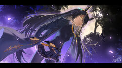  1girl ahoge animal_ears black_choker black_coat black_gloves black_hair black_pantyhose black_shirt black_skirt breasts choker coat collared_shirt commentary_request ear_tag earrings gloves hair_between_eyes highres horse_ears horse_girl horse_tail jewelry long_bangs long_hair long_hair_between_eyes long_sleeves looking_at_viewer manhattan_cafe_(creeping_shadow)_(umamusume) manhattan_cafe_(umamusume) multicolored_hair necktie outdoors pantyhose shirt single_earring skirt small_breasts solo tail umamusume umeumeduka white_hair yellow_eyes yellow_necktie 