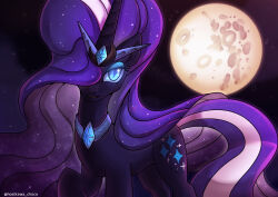  absurdres animal animal_focus black_skin black_sky blue_choker blue_eyes blue_eyeshadow blue_gem choco_hosikawa choker colored_skin commentary cutie_mark diamond_(gemstone) english_commentary eyeshadow feet_out_of_frame full_moon gem hair_over_one_eye highres light_particles long_hair looking_at_viewer makeup moon multicolored_hair my_little_pony my_little_pony:_friendship_is_magic my_little_pony_(idw) night nightmare_rarity no_humans nostrils one_eye_covered outdoors parted_lips purple_hair purple_tail rarity_(my_little_pony) sky slit_pupils smile solo sparkle sparkling_eyes streaked_hair tongue twitter_username two-tone_hair two-tone_tail unicorn very_long_hair wavy_hair white_streaks white_tail 
