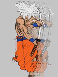 1boy dougi dragon_ball dragon_ball_super highres holding holding_sword holding_weapon katana male_focus orange_pants pants saiyan solo son_goku spiky_hair starving3man super_saiyan sword topless_male ultra_instinct weapon 