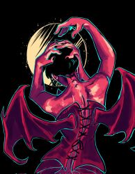  1girl back black_background black_hair black_nails commentary cross-laced_clothes cross-laced_top english_commentary extra_arms hair_bun highres nico_robin one_piece purple_shirt shirt solo wigglesdtuff wings 