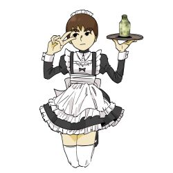  1boy 1girl 4bk63ppm0p54593 alcohol alternate_costume apron back_bow black_bow black_dress black_eyes bottle bow brown_hair closed_mouth commentary_request crossdressing crossdressing_(mtf) dress enmaided expressionless frilled_apron frilled_dress frills full_body guest_c_(mii) hands_up headdress highres holding holding_tray juliet_sleeves jumping legs_up long_sleeves looking_to_the_side maid maid_apron maid_headdress male_focus male_maid mii_(nintendo) nintendo puffy_sleeves shirt shoes short_hair simple_background solo thigh-highs tray v v_over_eye white_apron white_background white_bow white_thighhighs zettai_ryouiki 