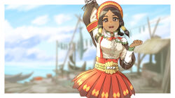  1girl arm_up armband belt blurry blurry_background border braid braided_ponytail breasts brown_eyes brown_hair capelet clouds cloudy_sky cowboy_shot dark-skinned_female dark_skin day green_trim guild_sweetheart hair_tubes hat highres looking_at_viewer medium_breasts monster_hunter_(series) monster_hunter_3_g outdoors outside_border red_armband red_hat red_ribbon ribbon shirt sidelocks skirt sky solo suspender_skirt suspenders user_ukaf4725 white_border white_capelet white_shirt yellow_trim 