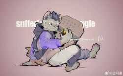  1boy arknights ballistic_shield barefoot black_hair claws closed_mouth commentary_request english_text eyebrow_piercing face_piercing furry furry_male gong_a_zha grey_fur grey_pants highres holding hyena_boy hyena_ears hyena_tail looking_at_object male_focus mixed-language_commentary originite_prime_(arknights) pants piercing shield sitting spot_(arknights) spot_(professional)_(arknights) watermark weibo_username weibo_watermark 