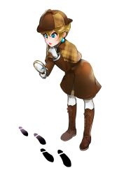  1girl ano_(sbee) blonde_hair blue_eyes boots brown_coat capelet coat commentary_request deerstalker detective earrings footprints full_body gloves hand_on_own_chin hat holding holding_magnifying_glass jewelry lace-up_boots leaning_forward lipstick magnifying_glass makeup pantyhose princess_peach princess_peach:_showtime! short_hair simple_background solo sphere_earrings super_mario_bros. thinking white_background white_gloves white_pantyhose 