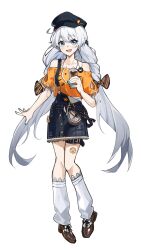  1girl absurdres ahoge amiris_(amiris76455574) bare_shoulders belt black_hat black_shoes black_skirt blue_eyes commentary_request cup denim denim_skirt hat highres holding holding_cup honkai_(series) honkai_impact_3rd kiana_kaslana kiana_kaslana_(sweet_memories) korean_commentary leg_warmers long_hair looking_at_viewer official_alternate_costume orange_shirt shirt shoes simple_background skirt smile solo thigh_belt thigh_strap very_long_hair white_background white_hair white_leg_warmers 