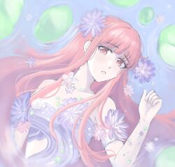 1girl a_drowning_canvas_(shining_nikki) bare_shoulders bead_choker beads brooch brown_eyes choker collarbone commentary detached_sleeves dress english_commentary expressionless eyelashes flower flower_brooch green_choker hair_flower hair_ornament highres jewelry light_particles lily_pad lips long_hair long_sidelocks lying lying_on_water nail_polish neck_flower nikki_(nikki) nikki_(series) nonoberry22 on_back parted_lips pink_hair pink_lips pink_nails purple_dress purple_flower purple_sleeves sad shining_nikki short_sleeves side_slit sidelocks solo strapless strapless_dress upper_body very_long_hair water_lily_flower wavy_hair wet 