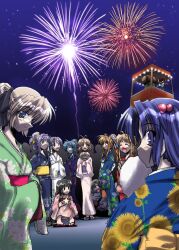  1boy 2000s_(style) 6+girls blonde_hair blue_eyes breasts brown_hair character_request clannad closed_mouth commentary_request drum fireworks floral_print fujibayashi_kyou fujibayashi_ryou furukawa_nagisa glasses green_kimono ichinose_kotomi instrument japanese_clothes kimono looking_at_viewer multiple_girls open_mouth orange_hair red_hair red_sandals sandals smile standing taiko_drum takana_shinno white_kimono wide_sleeves yukata 