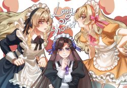  2girls alternate_costume apron arm_at_side arm_under_breasts black_bow black_dress black_hairband blonde_hair blush bow bowtie brown_hair closed_mouth commentary_request cowboy_shot dress drill_hair drill_sidelocks enmaided floating_hair frilled_apron frilled_dress frills grey_thighhighs hair_between_eyes hair_bow hair_intakes hair_ornament hair_ribbon hairband hand_on_own_chin hand_on_own_hip hand_up hands_up heart heart_background highres holding_own_dress juliet_sleeves korean_commentary leaning_forward long_hair long_sleeves looking_at_viewer looking_to_the_side maid maid_headdress multiple_girls multiple_views neck_ribbon orange_dress orange_hairband parted_bangs parted_lips pink_bow pink_bowtie pink_eyes profile puffy_short_sleeves puffy_sleeves purple_ribbon ribbon saijo_claudine semi_butai short_sleeves shoujo_kageki_revue_starlight sidelocks sideways_glance tendo_maya thigh-highs upper_body v-shaped_eyebrows violet_eyes wavy_hair white_apron white_background x_hair_ornament 