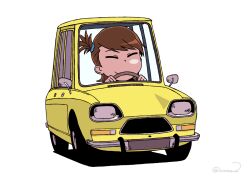  1girl brown_hair car chibi closed_eyes closed_mouth commentary_request driving futami_ami idolmaster idolmaster_(classic) kayatsu_urotoma motor_vehicle short_hair side_ponytail simple_background smile solo twitter_username vehicle_request white_background yellow_car 