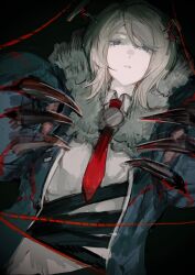  1girl black_background blue_eyes breasts claws commentary commentary_request e.g.o_(project_moon) faust_(project_moon) harume_neko hex_nail_(e.g.o) highres limbus_company long_sleeves medium_hair nail_(hardware) nail_in_head necktie pale_skin paw_sleeves project_moon red_necktie shirt sidelocks simple_background solo thread upper_body white_hair white_shirt 
