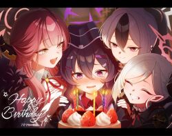  4girls aru_(blue_archive) birthday birthday_cake black_hair black_horns black_jacket blue_archive blush bright_pupils brown_horns cake candle candlelight chieru_(pixiv_124058144) closed_mouth coat coat_on_shoulders collared_shirt commentary_request dated demon_horns earclip english_text film_grain food garrison_cap grey_halo grin hair_between_eyes hair_ornament hairclip halo happy_birthday haruka_(blue_archive) hat highres horns jacket kayoko_(blue_archive) letterboxed long_hair low_horns multicolored_hair multiple_girls mutsuki_(blue_archive) neck_ribbon open_mouth orange_eyes orange_halo pink_hair pointy_ears problem_solver_68_(blue_archive) purple_hair purple_halo purple_hat purple_jacket red_coat red_eyes red_halo red_ribbon red_shirt ribbon shirt smile two-tone_hair violet_eyes white_hair white_pupils white_shirt 