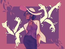  1girl black_hair cape closed_mouth commentary english_commentary extra_arms hair_bun highres large_hat looking_to_the_side nico_robin one_piece one_piece:_baron_omatsuri_and_the_secret_island pink_background purple_background purple_skirt skirt smile solo white_cape wigglesdtuff 
