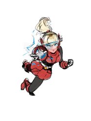  1girl android ano_(sbee) arm_cannon armor belt black_bodysuit blonde_hair blue_eyes bodysuit boots clenched_hand closed_mouth full_body gloves headgear helmet high_ponytail highres knee_boots long_hair looking_at_viewer outstretched_arm pantyhose ponytail princess_peach princess_peach:_showtime! red_skirt robot_ears robot_girl simple_background skirt smile solo super_mario_bros. tinted_eyewear weapon white_background white_gloves 