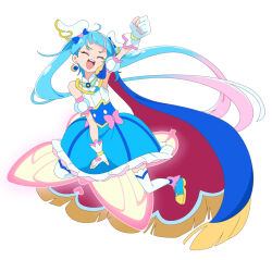  1girl ahoge arm_up blue_cape blue_dress blue_hair blush bow brooch cape closed_eyes colored_petticoat commentary_request cure_sky cut_bangs detached_sleeves diagonal_bangs dress dress_bow earrings fingerless_gloves floating_hair frilled_dress frills gloves gradient_hair hair_ornament hand_on_own_chest highres hirogaru_sky!_precure jewelry long_hair magical_girl medium_dress multicolored_dress multicolored_hair open_mouth petticoat pink_bow pink_hair precure puffy_detached_sleeves puffy_sleeves red_cape single_bare_shoulder single_earring single_hair_streak single_sidelock sleeveless sleeveless_dress smile solo sora_harewataru sphere_earrings streaked_hair twintails two-sided_cape two-sided_fabric two-tone_dress two-tone_hair user_hsrp4237 very_long_hair white_dress white_gloves wing_brooch wing_hair_ornament 
