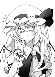  1girl ascot closed_mouth collared_shirt commentary_request crystal crystal_wings flandre_scarlet frilled_shirt_collar frills greyscale hat hat_ribbon highres illust_atelier3 looking_at_viewer mob_cap monochrome one-hour_drawing_challenge one_eye_closed one_side_up puffy_short_sleeves puffy_sleeves ribbon shirt short_sleeves smile solo touhou upper_body vest wings wrist_cuffs 