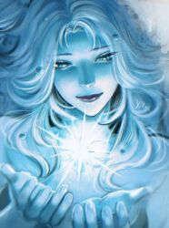  1girl blue_eyes blue_hair blue_skin close-up colored_skin commentary english_commentary final_fantasy final_fantasy_xiv glowing hands_up hydaelyn long_hair portrait smile solo wavy_hair ymr18 