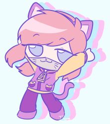  1girl a_hat_in_time animal_ear_hairband animal_ears arms_up blue_eyes brown_hair cat_ear_hairband cat_ears chibi chibi_only child commentary drop_shadow fake_animal_ears fake_tail hairband hat_kid highres hood hood_down hooded_jacket jacket jibung long_sleeves looking_at_viewer mask medium_hair mouth_mask multicolored_jacket official_alternate_costume pants ponytail purple_hairband purple_jacket purple_pants purple_shoes purple_tail shoes sidelocks signature solo tail two-tone_jacket white_background white_mask yellow_jacket zipper_pull_tab 