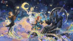  2boys 2girls artist_request blonde_hair blue_dress brown-tinted_eyewear brown_hair brynhildr_vilulf brynhildr_vilulf_(the_anachronic_vilulf) button_eyes buttons commentary_request copyright_name crescent crescent_hair_ornament dress elbow_gloves flower gloves hair_ornament hastur_(exoplanet)_(identity_v) hastur_(identity_v) highres hood identity_v jewelry lucky_guy lucky_guy_(ratatosk) multiple_boys multiple_girls necklace official_art purple_flower red_hair star_(symbol) thigh-highs tinted_eyewear wendy_foote wendy_foote_(windchaser) 