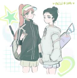  2girls alien_stage bag bandaid bandaid_on_face black_hair black_jacket character_name chinese_commentary commentary_request duffel_bag earrings eyewear_hang glasses green_eyes green_hairband grey_hoodie hair_bun hairband high_ponytail highres holding_hands hood hoodie jacket jewelry long_hair looking_at_viewer mizi_(alien_stage) multiple_girls official_alternate_costume pink_hair ponytail ribbon ribbon_baton sadahalu_ai_la_shi shoulder_bag skirt sphere_earrings sua_(alien_stage) unworn_eyewear visor_cap white_skirt wristband 