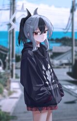 1girl absurdres black_hair black_hoodie black_horns blue_archive blurry blurry_background cowboy_shot demon_girl demon_horns from_side grey_hair grey_halo halo hands_in_pockets highres hood hoodie horns kayoko_(blue_archive) light_smile long_sleeves looking_at_viewer looking_to_the_side manjie multicolored_hair outdoors photo_background plaid_clothes plaid_skirt ponytail print_hoodie red_eyes red_skirt skirt solo two-tone_hair 