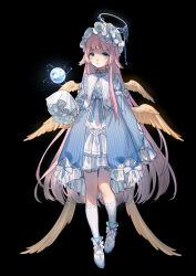  1girl absurdres black_background blue_eyes commentary dress expressionless feathered_wings floating floating_object frilled_sleeves frills full_body halo hat hidari_(nanmu-left) highres long_hair looking_at_viewer mob_cap multiple_wings orb original pink_hair simple_background sleeves_past_fingers sleeves_past_wrists solo untranslatable_commentary very_long_hair wings 