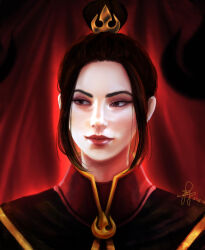  1girl avatar:_the_last_airbender avatar_legends azula black_hair brown_eyes closed_mouth colored_eyelashes commentary dated english_commentary eyelashes hair_bun hair_ornament highres lips lipstick looking_to_the_side makeup portrait realistic red_lips rueyumi sidelocks signature single_hair_bun smile solo topknot 