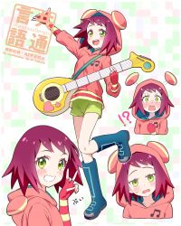  !? 1girl :d :o @_@ arm_up artist_name blue_boots blush boots commentary_request fingerless_gloves gloves green_eyes green_shorts guitar highres holding holding_guitar holding_instrument hood hood_down hood_up hoodie instrument kyoutsuugengo leg_up looking_at_viewer mega_man_(series) mega_man_star_force_(series) multiple_views musical_note musical_note_print pink_gloves pink_hoodie red_hair short_hair shorts simple_background smile sonia_strumm_(mega_man) standing standing_on_one_leg sweatdrop teeth v watermark 