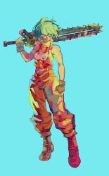  1girl absurdres bare_arms belt blue_background boots breasts brown_gloves chainsword closed_mouth color_contrast commentary english_commentary fingerless_gloves full_body gloves green_eyes green_hair head-mounted_display highres holding holding_sword holding_weapon jumpsuit kurebuster light_frown looking_afar motorslice multiple_moles muscular muscular_female orange_jumpsuit over_shoulder p_(motorslice) sanpaku sidelighting simple_background single_fingerless_glove sketch small_breasts solo sword sword_over_shoulder tiptoes tomboy turning_head turtleneck_jumpsuit vertical-striped_jumpsuit weapon weapon_over_shoulder 