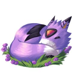  bat_wings brown_eyes claws closed_eyes digimon digimon_(creature) dorumon flower hushthelatesunart mini_wings no_humans purple_flower purple_fur simple_background sleeping solo tail two-tone_fur white_background white_fur wings 